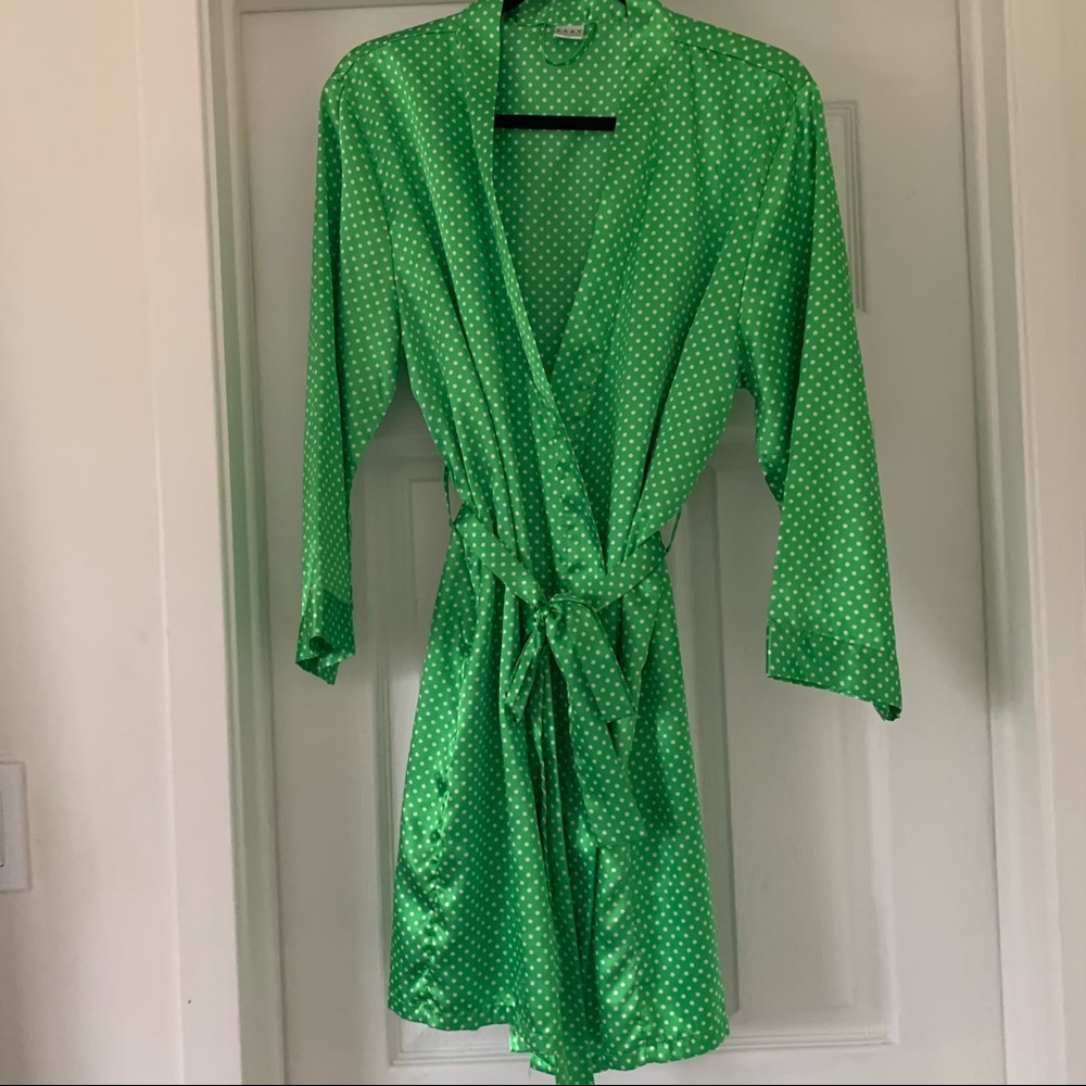 Green + White polka dot silky robe